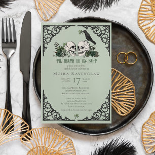 Til Death Do Us Part Mr and Mrs Skulls Green Roses Invitation