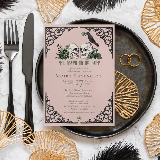 Til Death Do Us Part Mr and Mrs Skulls Green Roses Invitation (Irish Til Death Do Us Part Gothic Goth Bridal Shower Invitation. Hand Drawn Skull, Crow, Green Roses)