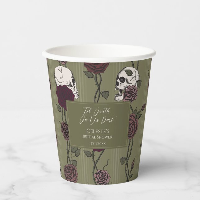 ’Til Death Do Us Part Olive Green Gothic Wedding Paper Cups (Front)