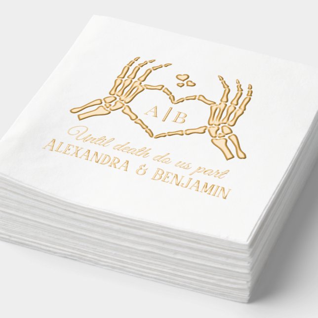 Til Death Do Us Part Skeleton Hands Heart Sign #1 Foil Napkins (Detail)