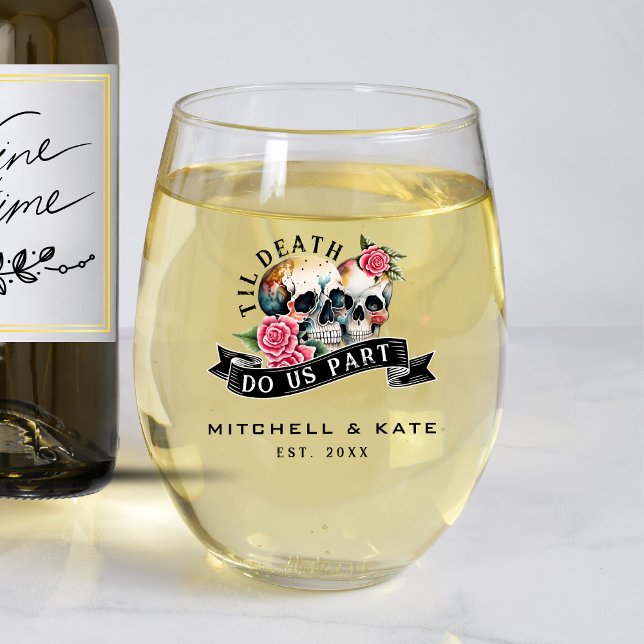 Til Death Do Us Part Skulls & Roses White Wedding Stemless Wine Glass (Til Death Do Us Part Skulls & Roses White Wedding Stemless Wine Glass
)
