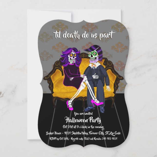 Til Death Do Us Part Sugar Skulls Halloween Party Invitation (Front)