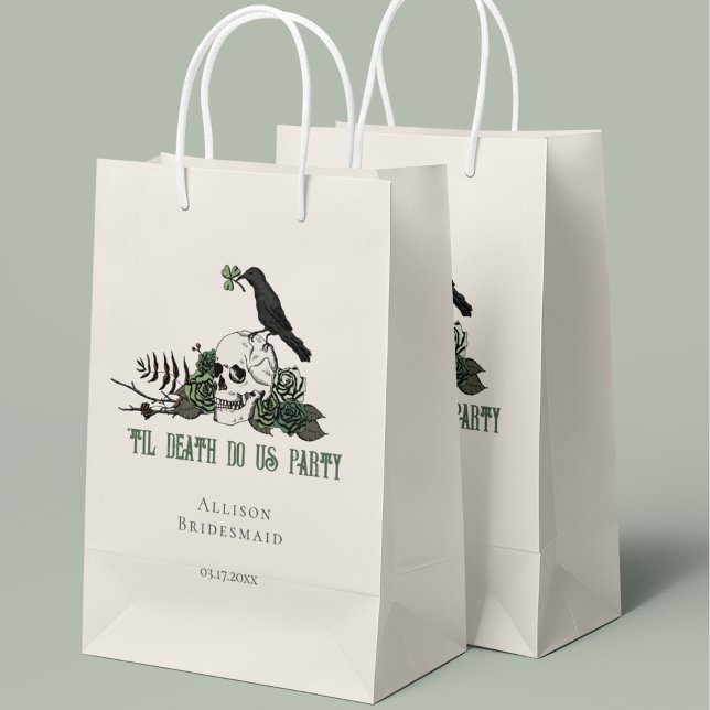 Til Death Do Us Party Irish Skull Bridesmaid Small Gift Bag (Til Death Do Us Party Irish Skull Bridesmaid Gift Bag. Hand-drawn Skull, Green Roses & Black Crow.)