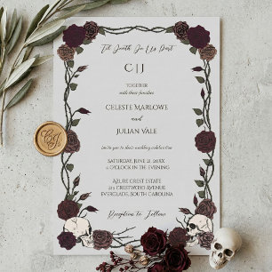 Til Death Gothic Burgundy Roses Light Gray Wedding Invitation
