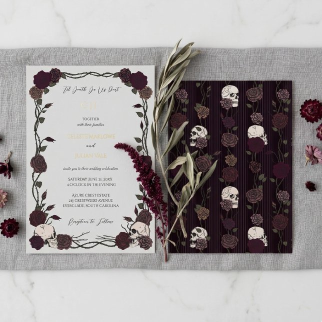 Til Death Gothic Burgundy Roses Light Grey Wedding (Soft Gothic Wedding Invitation featuring Maroon Skulls and Roses with Gold Foil details)