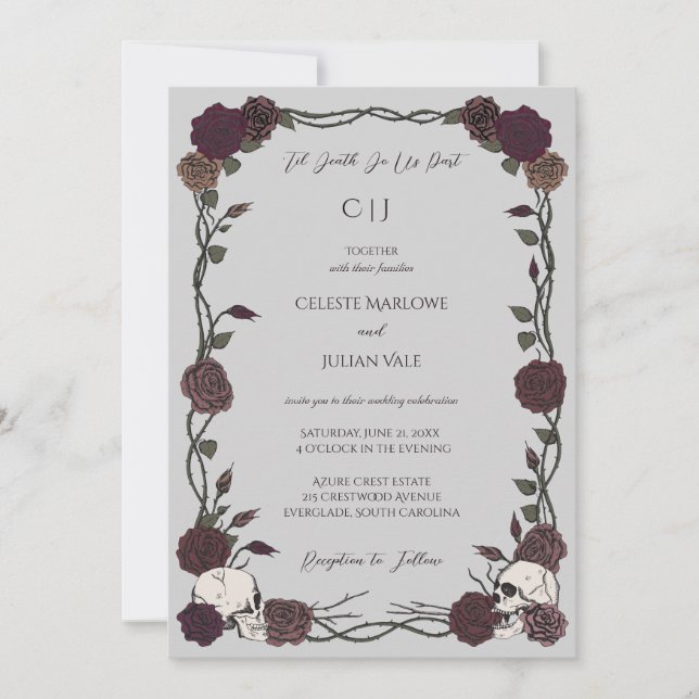 Til Death Gothic Burgundy Roses Light Grey Wedding Invitation (Front)