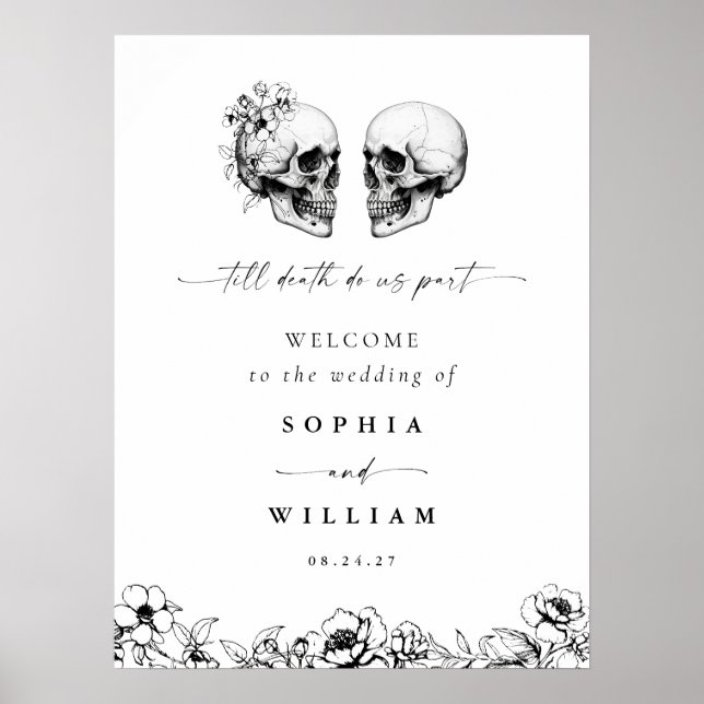 Til Death Gothic Floral Skull Black Wedding Sign (Front)