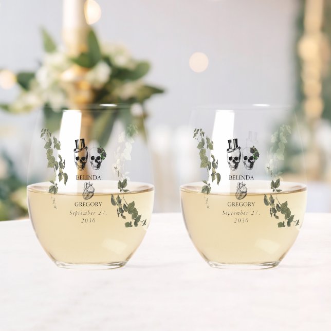 Til Death Gothic Heart Floral Skulls Wedding Favou Stemless Wine Glass (Insitu (Wedding))