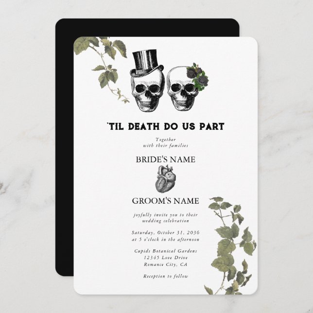 Til Death Gothic Heart Floral Skulls Wedding Invitation (Front/Back)