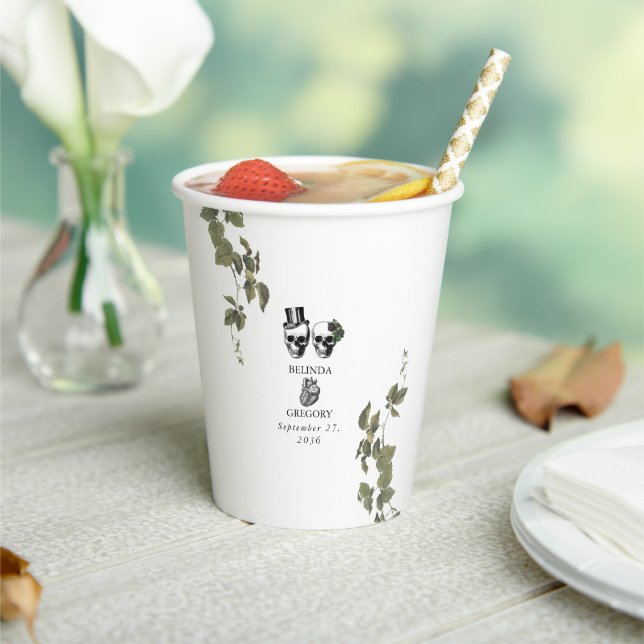 Til Death Gothic Heart Floral Skulls Wedding Paper Cups (Insitu)