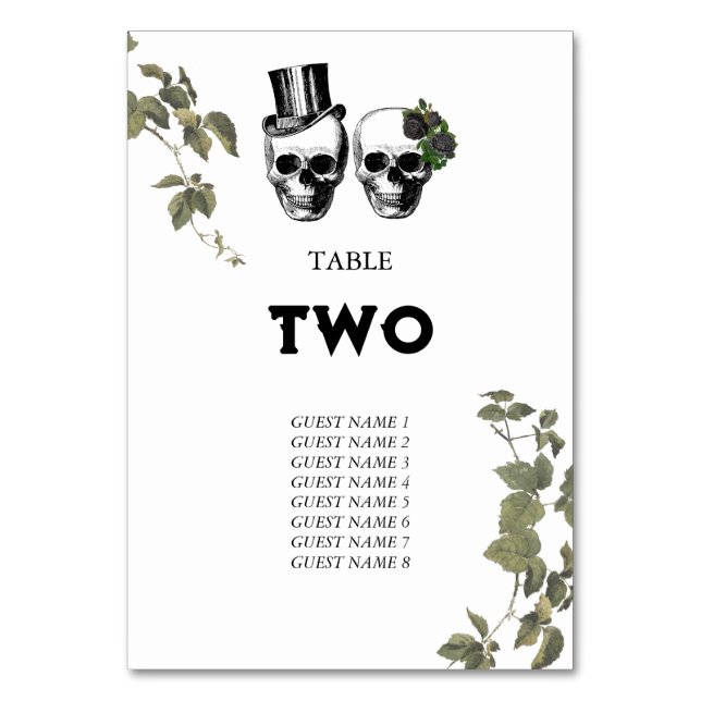 Til Death Gothic Heart Floral Skulls Wedding Table Number (Front)