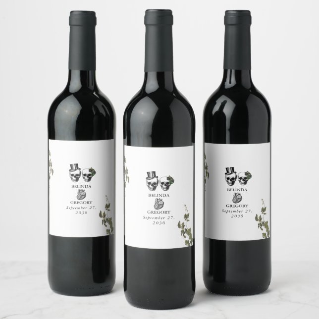 Til Death Gothic Heart Floral Skulls Wedding Wine Label (Bottles)