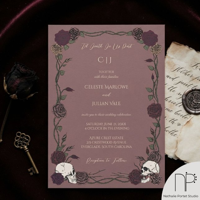 Til Death Gothic Roses Mauve Pink Wedding Invitation (Hand-drawn dark roses and black ink vines on a dark mauve background with gothic skull reverse.)