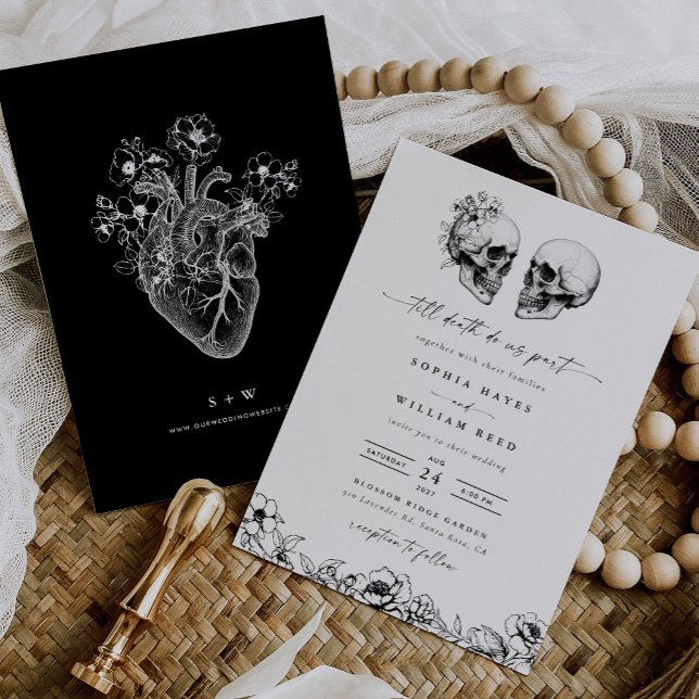 Til Death Gothic Skull Dark Black Floral Wedding Invitation (Creator Uploaded)