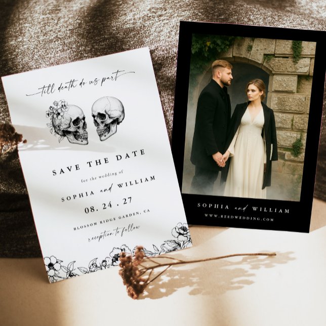 Til Death Gothic Skull Photo Black Floral Wedding Invitation (Creator Uploaded)