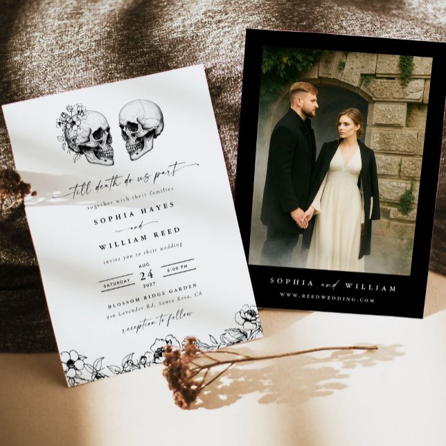 Til Death Gothic Skull Photo Black Floral Wedding Invitation (Creator Uploaded)