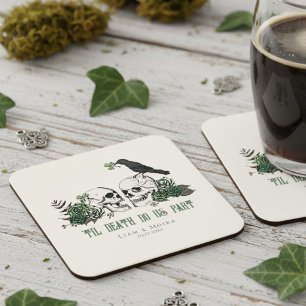 Til Death Gothic St Patricks Day Floral Skull Square Paper Coaster