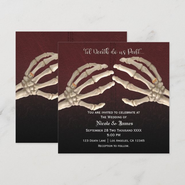 Til Death Maroon Skeleton Gold Wedding Marriage Invitation (Front/Back)