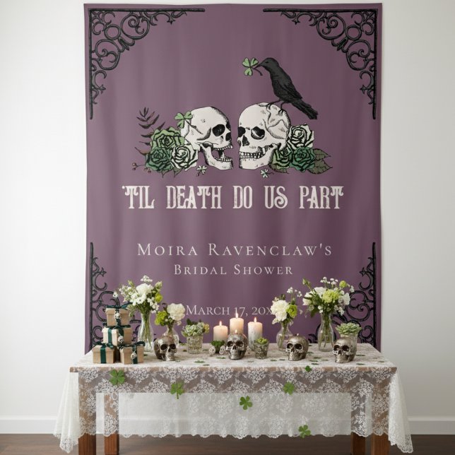 Til Death Purple Mr and Mrs Skulls Green Roses Tapestry (Til Death Purple Photo Prop/Booth for Irish Gothic Wedding. Floral Skulls, Green Roses, Black Raven)