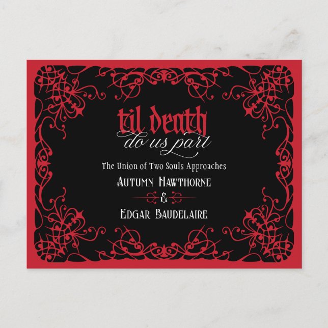 Til Death Red Gothic Wedding Save the Date Postcard (Front)