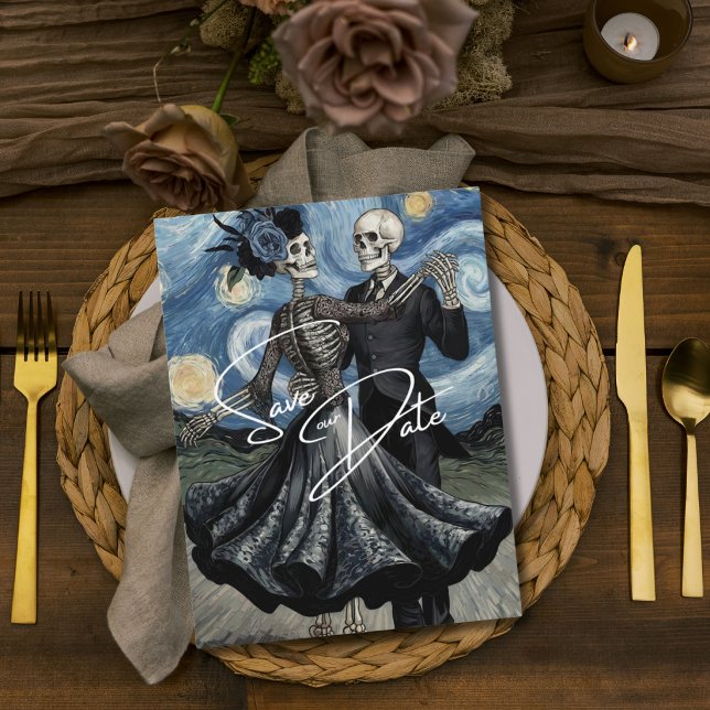 Til Death Skeleton Van Gogh Gothic Save the Date Postcard (Creator Uploaded)
