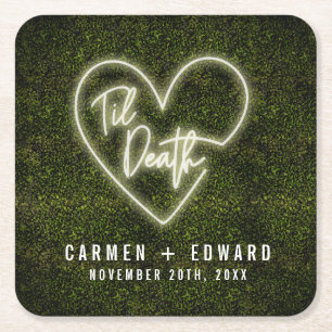 Til Death White Neon Sign Heart Wedding Square Paper Coaster