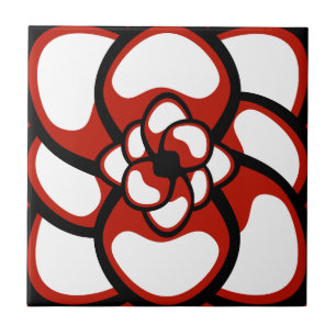 Tile, Abstract Flower 3, Red, Black, White Tile