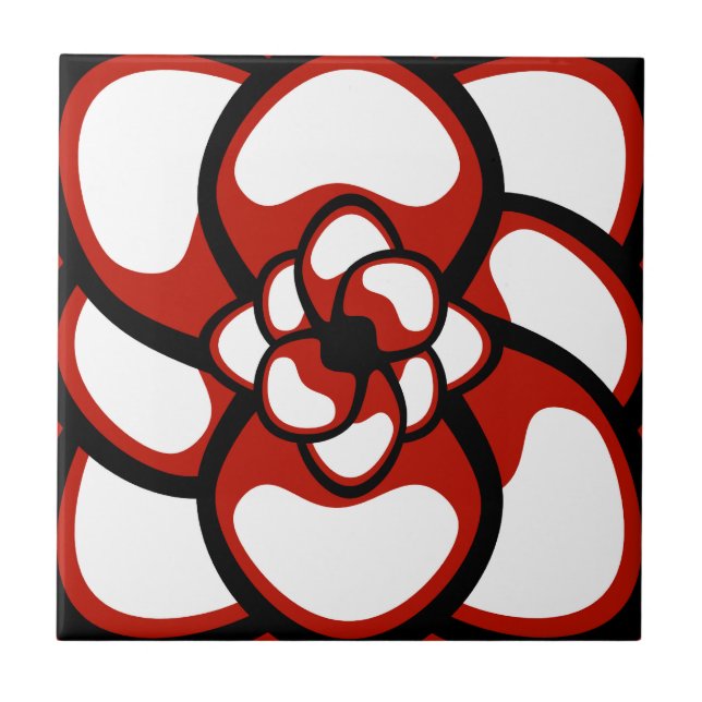 Tile, Abstract Flower 3, Red, Black, White Tile (Front)