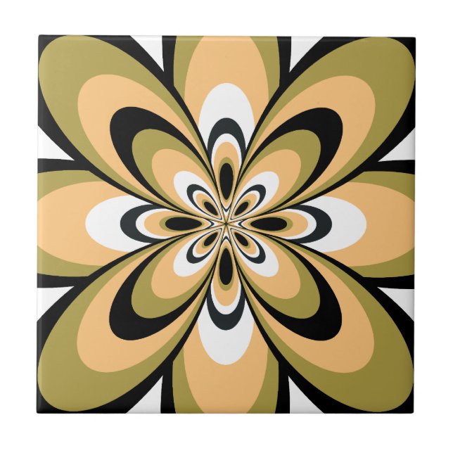 Tile, Abstract Flower 4, Olive, Beige, Black Tile (Front)