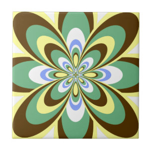 Tile, Abstract Flower 4, Retro Yellow, Brown, Gree Tile