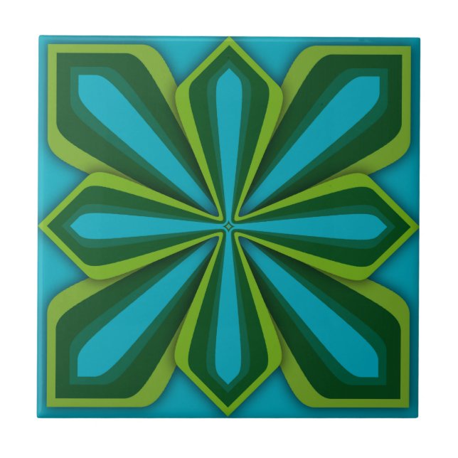 Tile, Abstract Flower, Cyan Chartreuse Green Tile (Front)