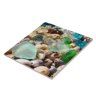 Tile Art Blue Green Beach Seaglass Agates Shells