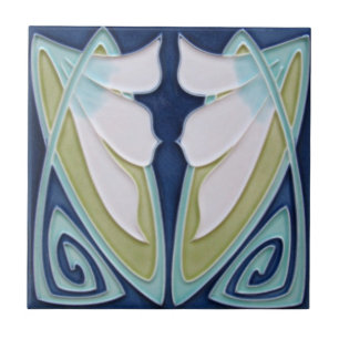 Tile - Art Nouveau Blue Background White Flowers