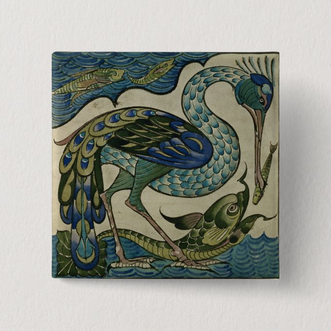 Tile design of heron and fish, by Walter Crane 15 Cm Square Badge (Front)