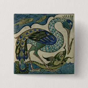 Tile design of heron and fish, by Walter Crane 15 Cm Square Badge