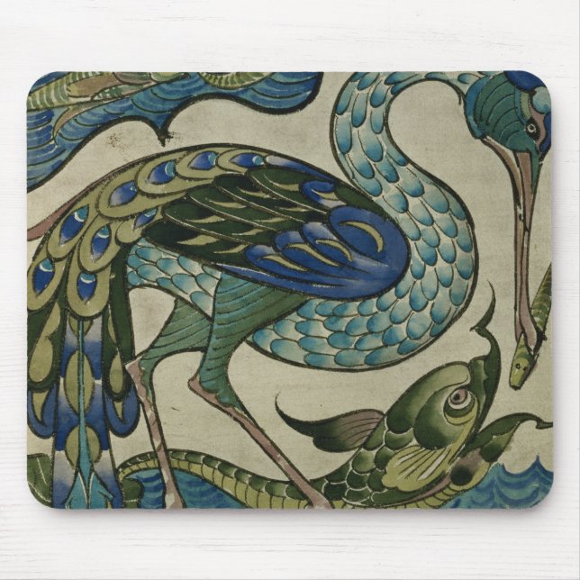 Tile design of heron and fish, by Walter Crane Mouse Mat (Front)