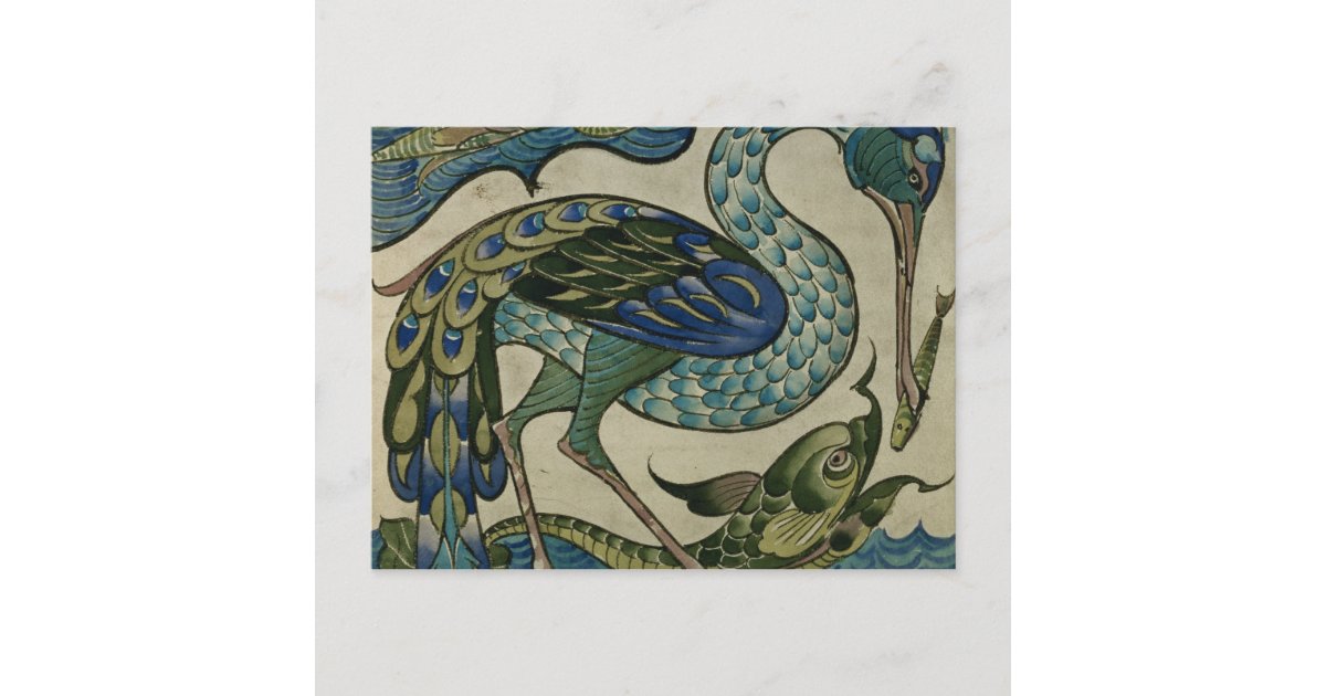 Tile design of heron and fish, by Walter Crane Postcard Zazzle