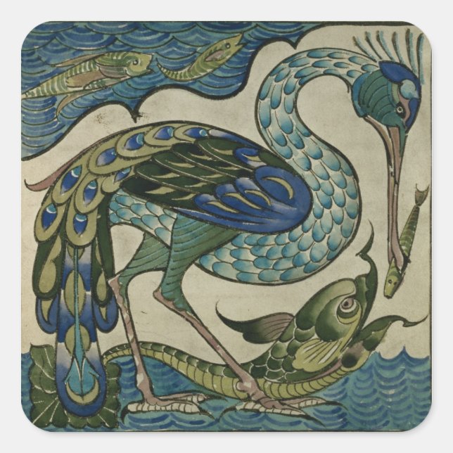 Tile design of heron and fish, by Walter Crane Square Sticker (Front)