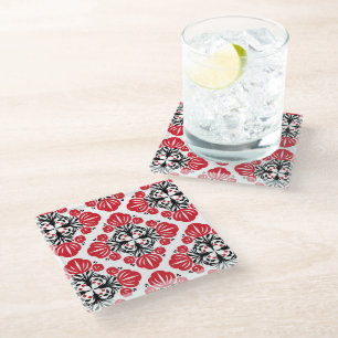 Tile floral pattern. Folk art bloom. Glass Coaster