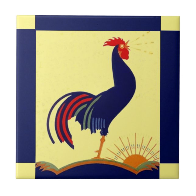 Tile Folk Art Rooster Crow Morning Sun & Blue (Front)