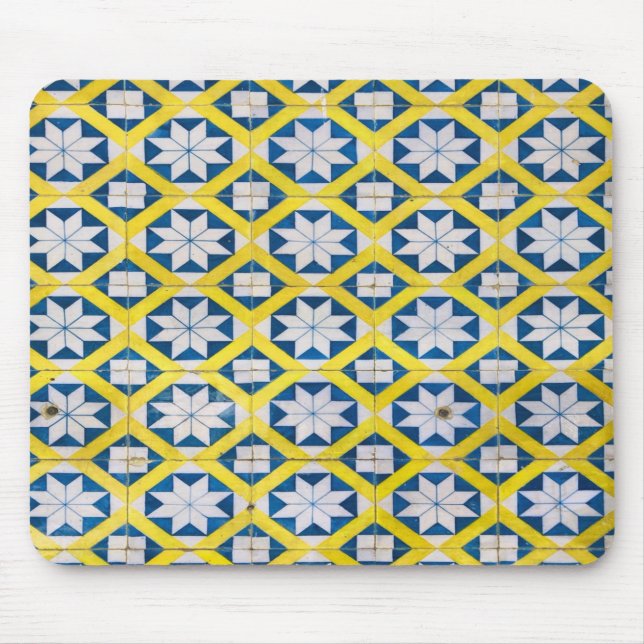 Tile Mosaic Flower Pattern Yellow Blue Mouse Mat (Front)