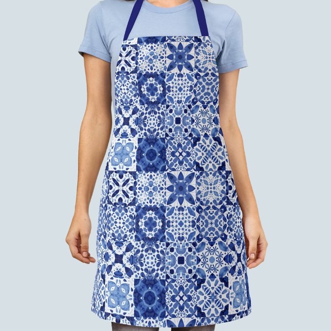 Tile Pattern Blue White Watercolor Apron (Blue and white watercolor 
Mediterranean tile pattern apron)