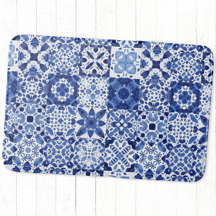 Tile Pattern Blue White Watercolor Bath Mat