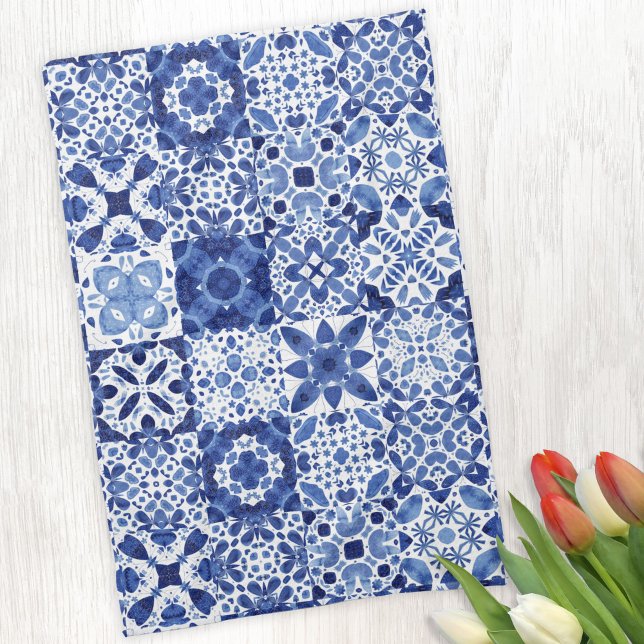 Tile Pattern Blue White Watercolor Tea Towel (Blue and white watercolor 
Mediterranean tile pattern kitchen towel)