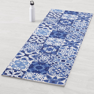Tile Pattern Blue White Watercolor Yoga Mat