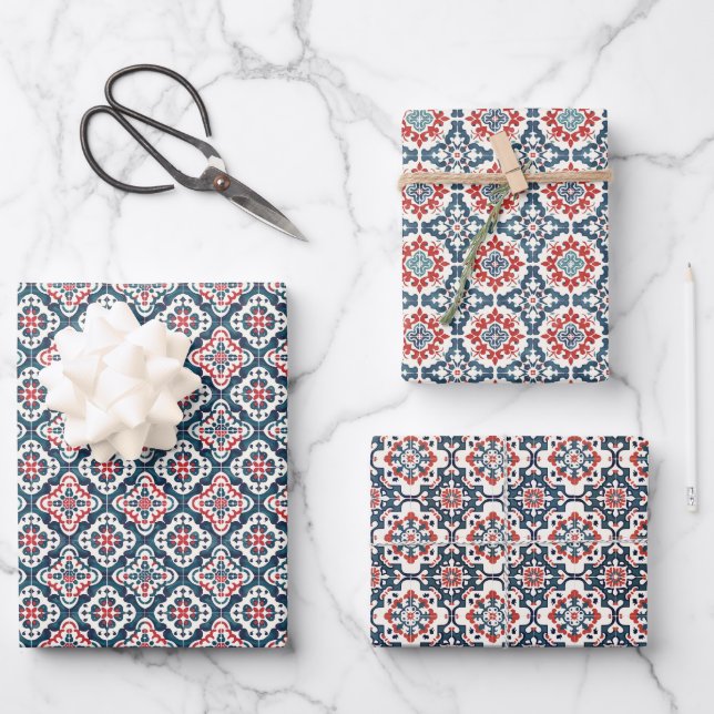  Tile Pattern with Navy, Red & Teal Floral Motifs Wrapping Paper Sheet (Front)