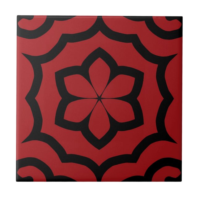 Tile, Red & Black Flower Design Tile (Front)