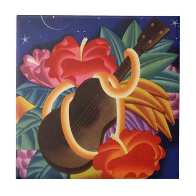 Tile Vintage Aloha Ukulele Hawaiian Night Flowers (Front)