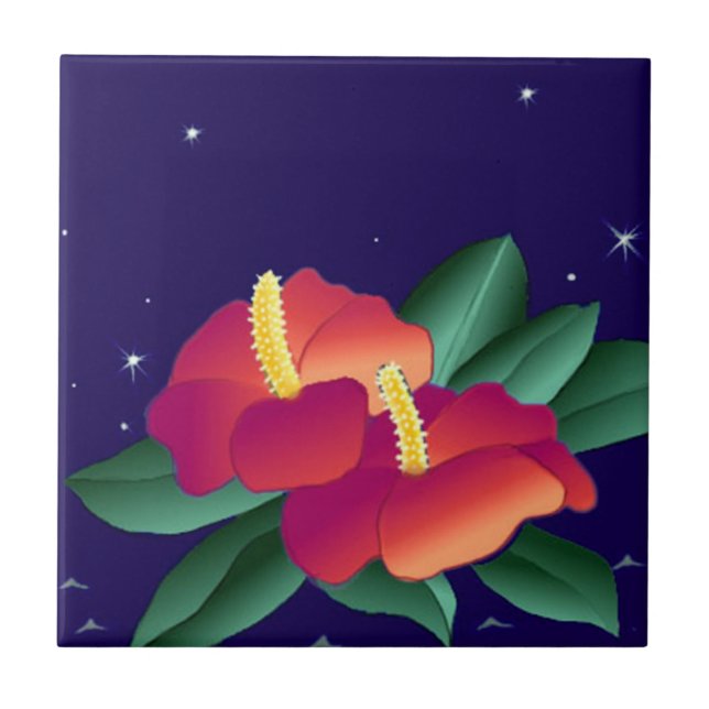 Tile Vintage Hawaiian Tropical Blue Night Hibiscus (Front)