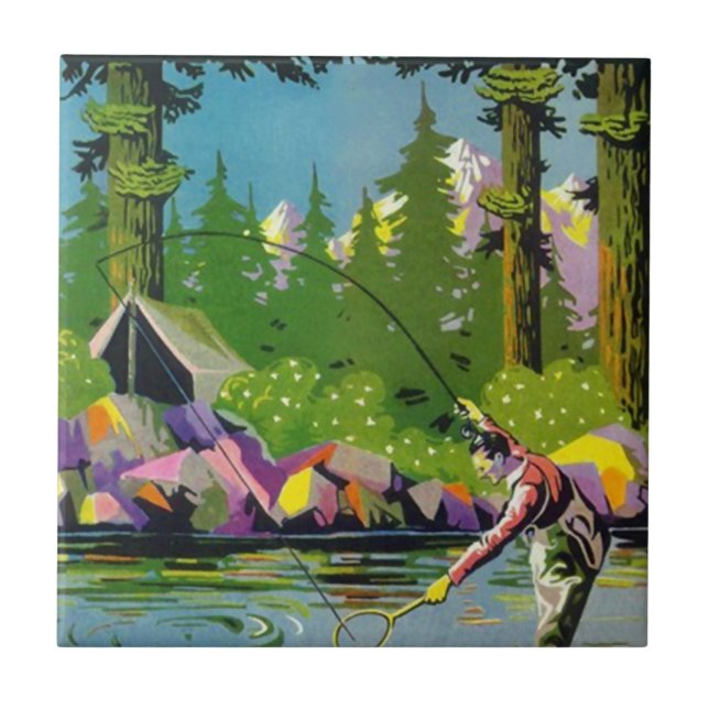 Tile Vintage River Woodland Camp Mtn Fly Fishing (Front)